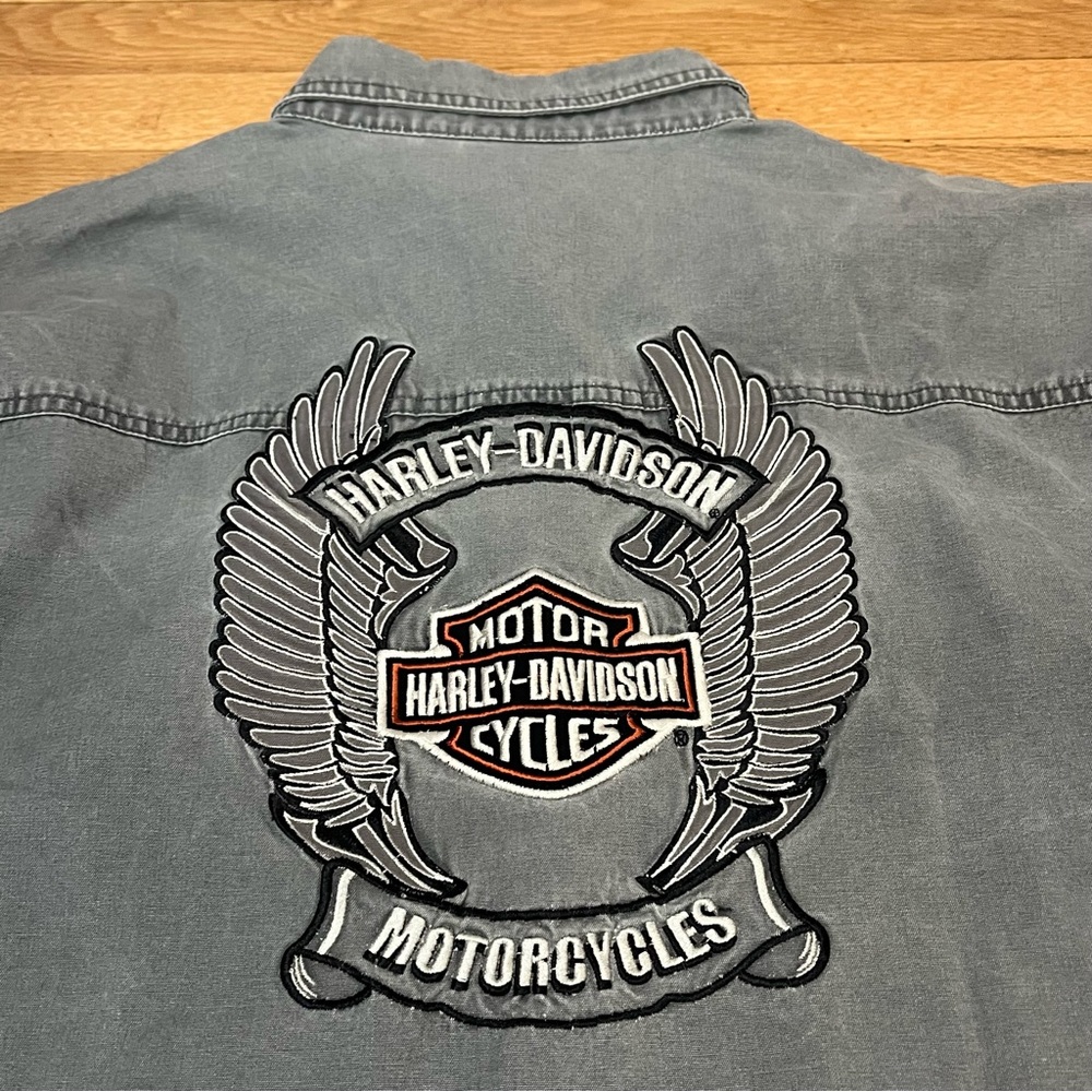 Harley‎ Davidson Distressed Long Sleeve Gray Snap Down Gray Extra Large